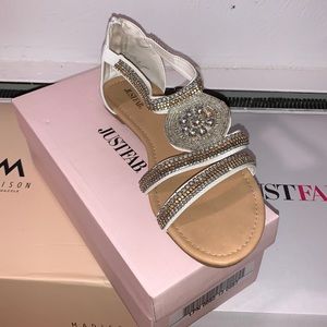 Slightly Worn Embroidered White and Gold Sandals